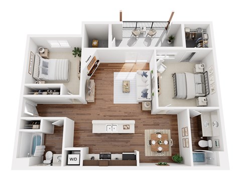 A top-down view of a small apartment with a kitchen, living room, and bedroom.